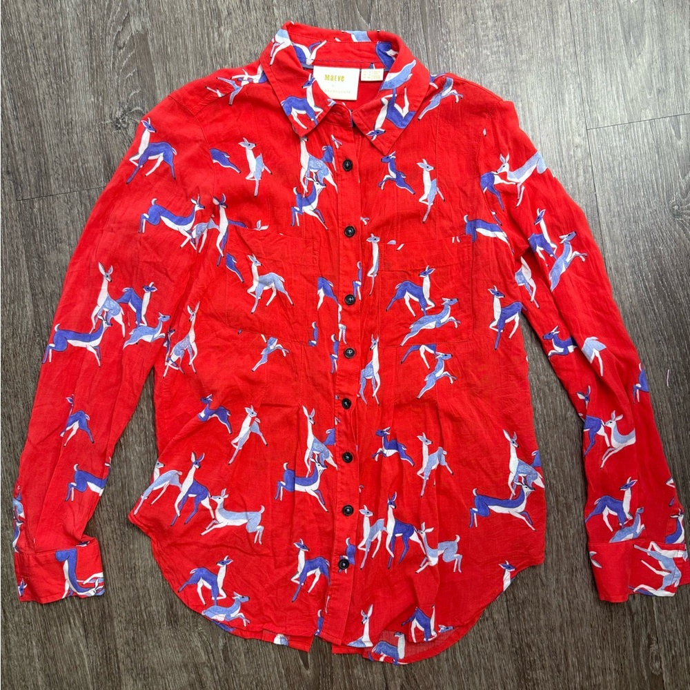 Anthropologie Maeve Red Gazelle Deer Print Button Down Shirt Women’s 0 XS